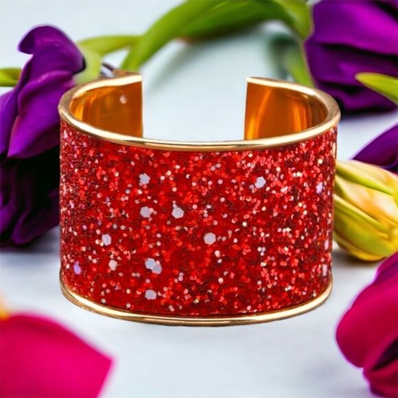 Red Glitter Bling Bracelet l Cuff l New - Picture 1 of 5